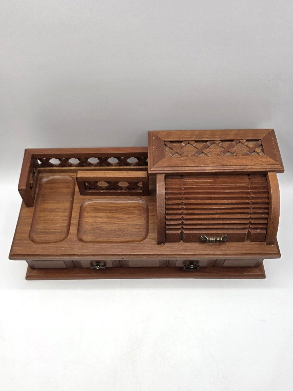Vintage Wood Valet Roll Top Jewelry Chest Box Organizer Keys Wallet With Drawer
